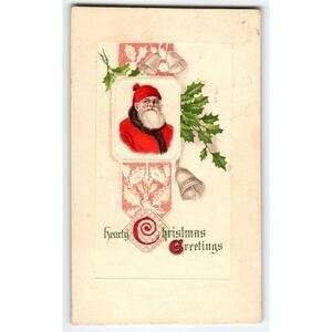 Santa Claus Christmas Postcard Embossed Silver Bells Holly Leaves Vintage German